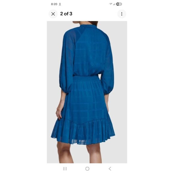 DKNY Womens Size 12 Blue Printed Smocked Fit & Flare Peasant Ruffle Hem Dress - Picture 2 of 2